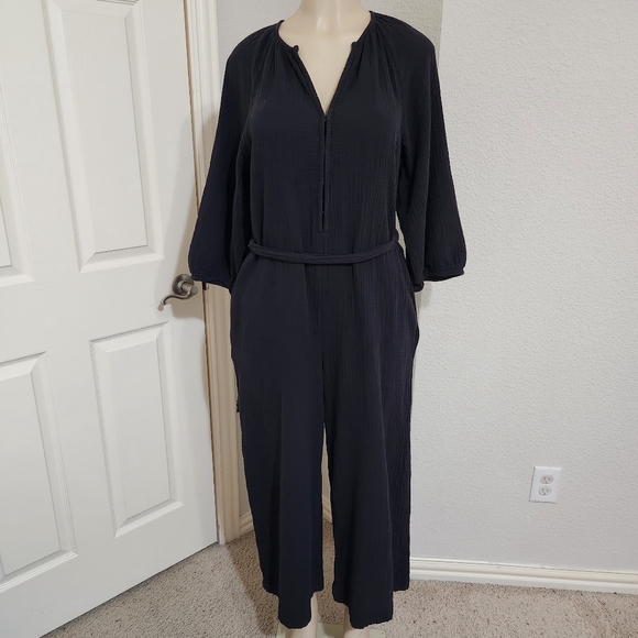 GAP Jumpsuit Size 12 Black Tie Belt Wide Leg Gauze With Pockets - Picture 8 of 10